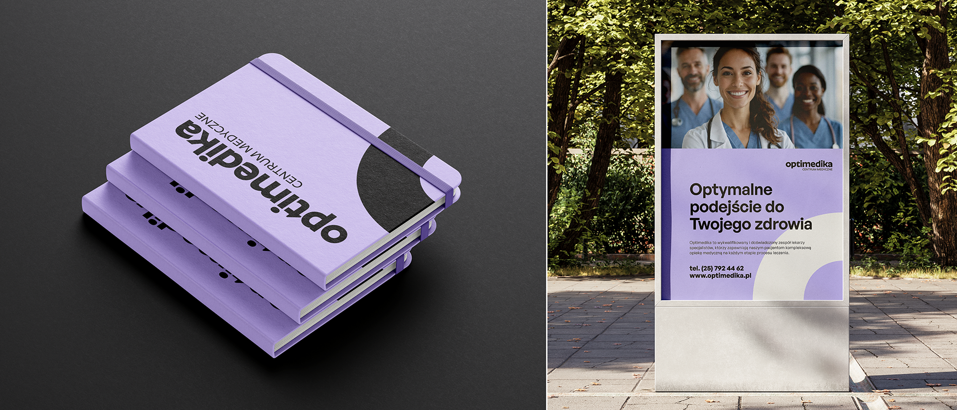 Zdjęcie nośnika citylight reklamującego centrum medyczne Optimedika, logo, brand, branding, designe, projekt graficzny, grafika, logotyp, grafik komputerowy, studio graficzne, identyfikacja wizualna, logo, Węgrów.